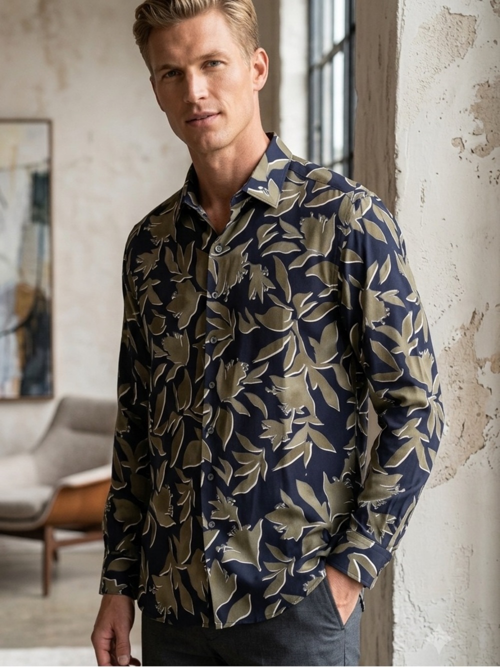 BUGATCHI Men’s "Julian Leaf Print" Long Sleeve Button-Down Shirt XL